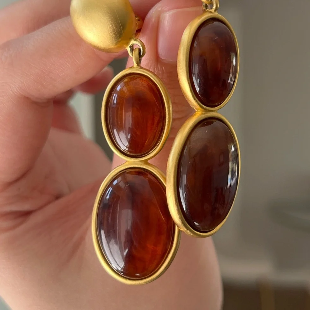 Vintage Givenchy Amber Resin Cabochon Drop Dangle Matte Gold Long Clip Earrings - Picture 7 of 12